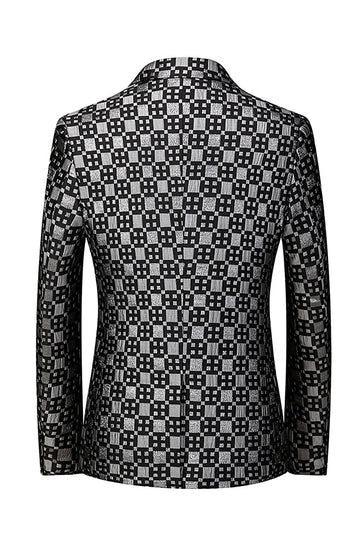 Black Plaid Notched Lapel One Button Men's Blazer